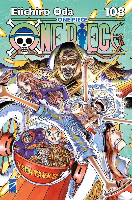 Copertina del manga One Piece New Edition Vol. 108 di Eiichiro Oda, con Rufy Gear 5 e l'Ammiraglio Kizaru o i Cinque Astri di Saggezza.