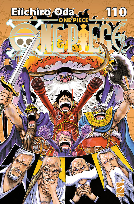 Copertina del manga One Piece New Edition volume 110. Illustrazione vivace con Rufy, Bonney e i giganti Dorry e Brogy che esultano in primo piano. Dietro di loro incombe la mostruosa forma di un Astro di Saggezza, mentre in basso compaiono i volti severi e minacciosi degli altri quattro Astri.