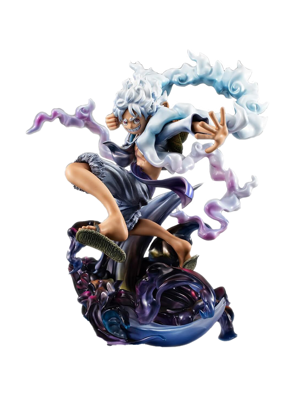 Action figure Portrait of Pirates di Monkey D. Luffy in Gear 5 (Nika); il personaggio ha capelli e vestiti bianchi, ride mentre fluttua in aria circondato da nuvole di fumo e fulmini di Haki viola e neri.