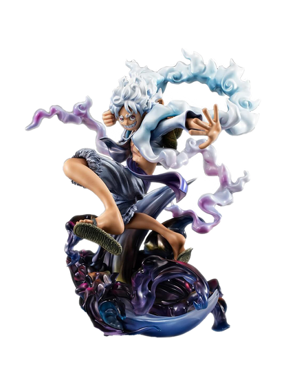 Action figure Portrait of Pirates di Monkey D. Luffy in Gear 5 (Nika); il personaggio ha capelli e vestiti bianchi, ride mentre fluttua in aria circondato da nuvole di fumo e fulmini di Haki viola e neri.