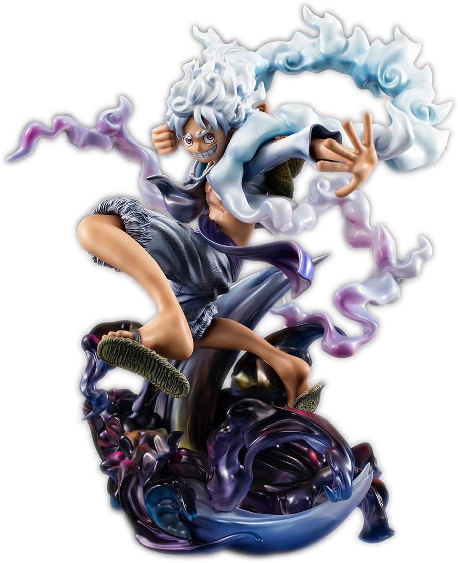 Action figure Portrait of Pirates di Monkey D. Luffy in Gear 5 (Nika); il personaggio ha capelli e vestiti bianchi, ride mentre fluttua in aria circondato da nuvole di fumo e fulmini di Haki viola e neri.