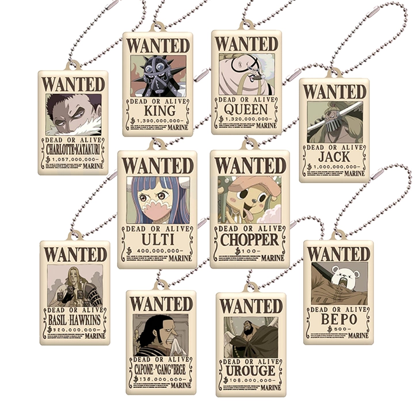 Il set completo di 10 portachiavi in metallo "One Piece Wanted Plate Vol. 5" disposti su sfondo bianco, che mostrano i poster da ricercato di Chopper, Katakuri, King, Queen, Jack, Ulti, Hawkins, Bege, Urouge e Bepo.