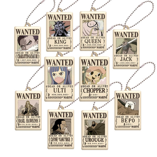 Il set completo di 10 portachiavi in metallo "One Piece Wanted Plate Vol. 5" disposti su sfondo bianco, che mostrano i poster da ricercato di Chopper, Katakuri, King, Queen, Jack, Ulti, Hawkins, Bege, Urouge e Bepo.