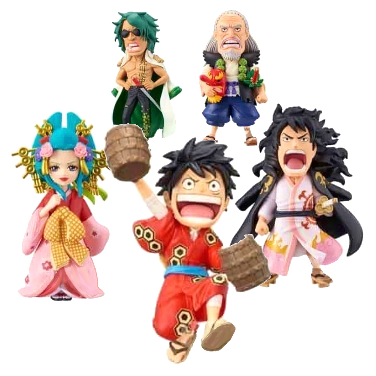 Immagine promozionale di 5 mini-figure della linea World Collectable Figure (WCF) di One Piece, dedicate alla conclusione dell'arco di Wano, disposte su sfondo bianco. In primo piano al centro c'è Luffy sorridente e festante con indosso un abito rosso, che solleva gioiosamente due piccoli barili di legno. A sinistra spicca l'elegante Komurasaki con un kimono rosa e rosso e un'elaborata acconciatura verde ricca di fermagli dorati. A destra si trova Kozuki Momonosuke in forma adulta.