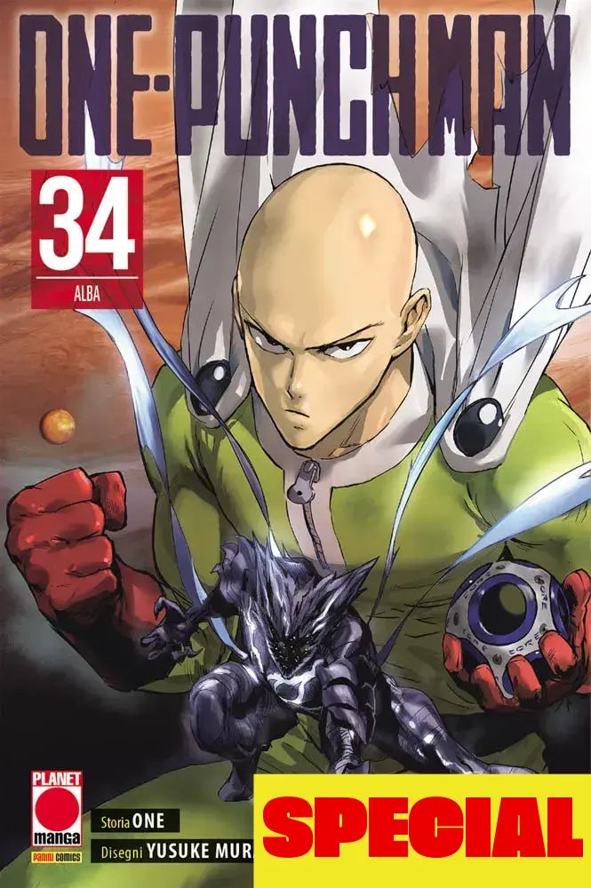 Copertina dell'edizione speciale del trentaquattresimo volume del manga 'One-Punch Man' di ONE e Yusuke Murata, edito da Panini Planet Manga. L'illustrazione su sfondo cosmico ritrae Saitama in costume da eroe con lo sguardo determinato mentre tiene in mano il nucleo di Genos, sovrastando la figura in primo piano di Garo nella sua forma cosmica scura e splendente, affiancati dal box rosso con il numero 34 e la scritta 'ALBA'.