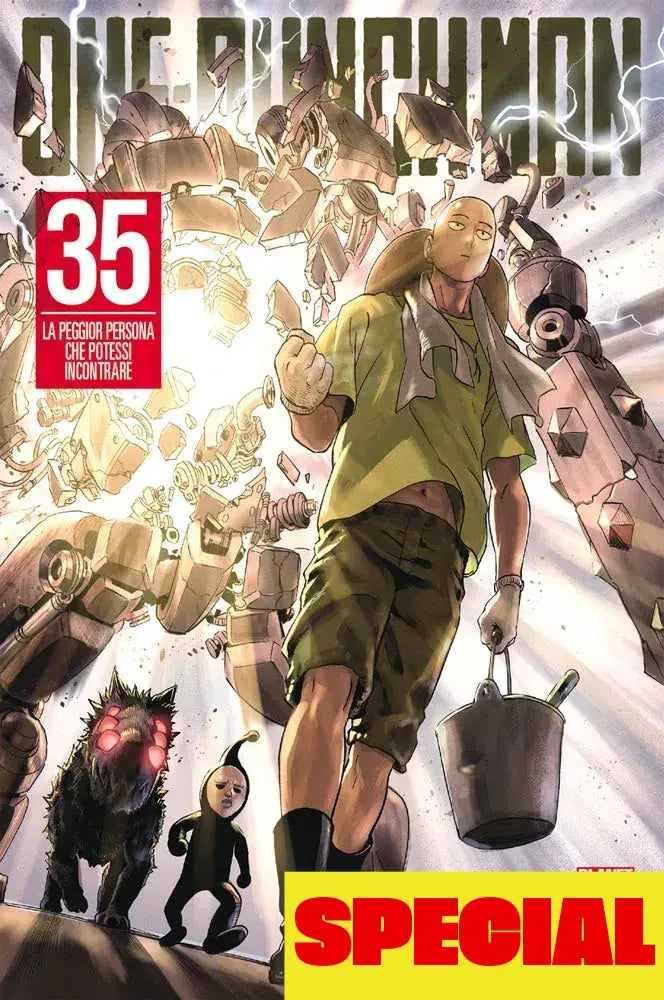 Copertina dell'edizione speciale del trentacinquesimo volume del manga 'One-Punch Man' di ONE e Yusuke Murata, edito da Panini Planet Manga. L'illustrazione ritrae Saitama in abiti casual con t-shirt verde, calzoncini e asciugamano al collo mentre cammina disinvolto con un secchio in mano, preceduto da Rover e Spermatozoo Nero in versione ridotta e con un robot gigante distrutto sullo sfondo, affiancati dal box rosso con il numero 35 e il titolo 'LA PEGGIOR PERSONA CHE POTESSI INCONTRARE'.
