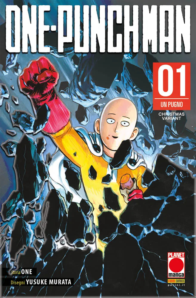 Copertina variant natalizia metal di One-Punch Man Vol. 1 (Planet Manga). Saitama, l'eroe pelato in tuta gialla, sferra un pugno che frantuma rocce nere mentre tiene uno snack nell'altra mano.