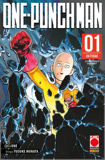 Copertina variant natalizia metal di One-Punch Man Vol. 1 (Planet Manga). Saitama, l'eroe pelato in tuta gialla, sferra un pugno che frantuma rocce nere mentre tiene uno snack nell'altra mano.