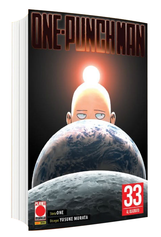 La testa pelata e luminosa di Saitama sorge come il sole dietro la curvatura della Terra, illuminando lo spazio scuro, nella cover metallica della Instant Variant del Vol. 33 di One Punch Man.