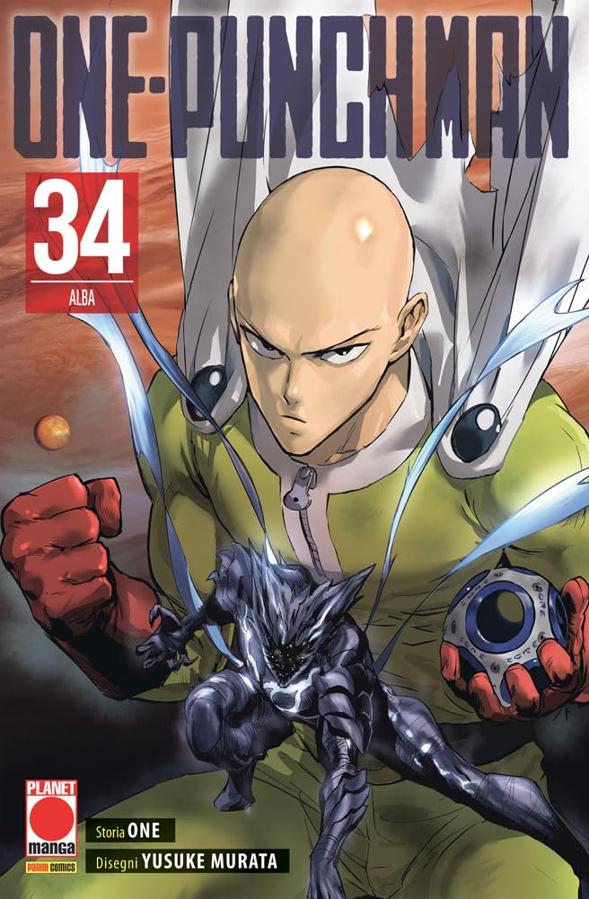 Copertina del manga One Punch Man Vol. 34; in primo piano il volto serio di Saitama che regge un nucleo meccanico tra le mani. In basso, la figura oscura e minacciosa di Garo in forma cosmica. Sfondo dai toni arancioni e desertici (superficie lunare).