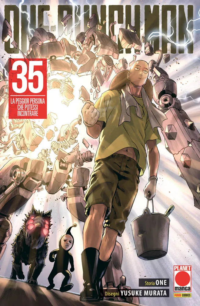 Copertina del manga One Punch Man volume 35. Saitama cammina in primo piano con espressione placida tenendo un secchio, mentre alle sue spalle esplode un enorme robot in una luce abbagliante. In basso a sinistra lo seguono un cagnolino nero dai molti occhi rossi e una piccola creatura scura antropomorfa.