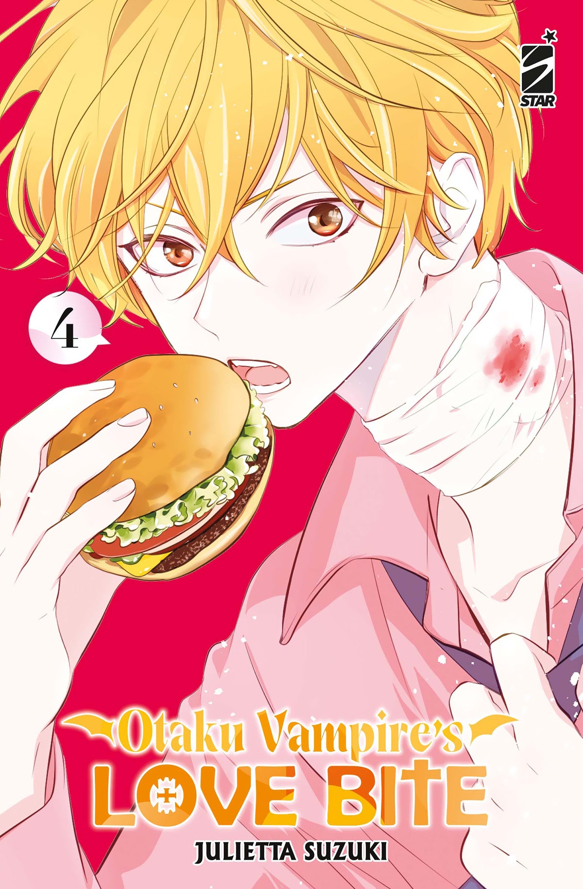 Copertina del quarto volume del manga 'Otaku Vampire's Love Bite' di Julietta Suzuki, edito da Star Comics. L'illustrazione ritrae un ragazzo biondo con una benda al collo che morde un hamburger su sfondo rosa, sormontato dal titolo e dal numero 4.