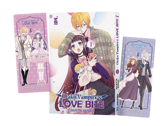 Immagine promozionale del manga Otaku Vampire's Love Bite Vol. 1 Limited Edition; al centro il volume con la vampira protagonista e il ragazzo biondo. Ai lati due card in omaggio: una rosa con i protagonisti della serie e una viola con Nanami e Tomoe di Kamisama Kiss.