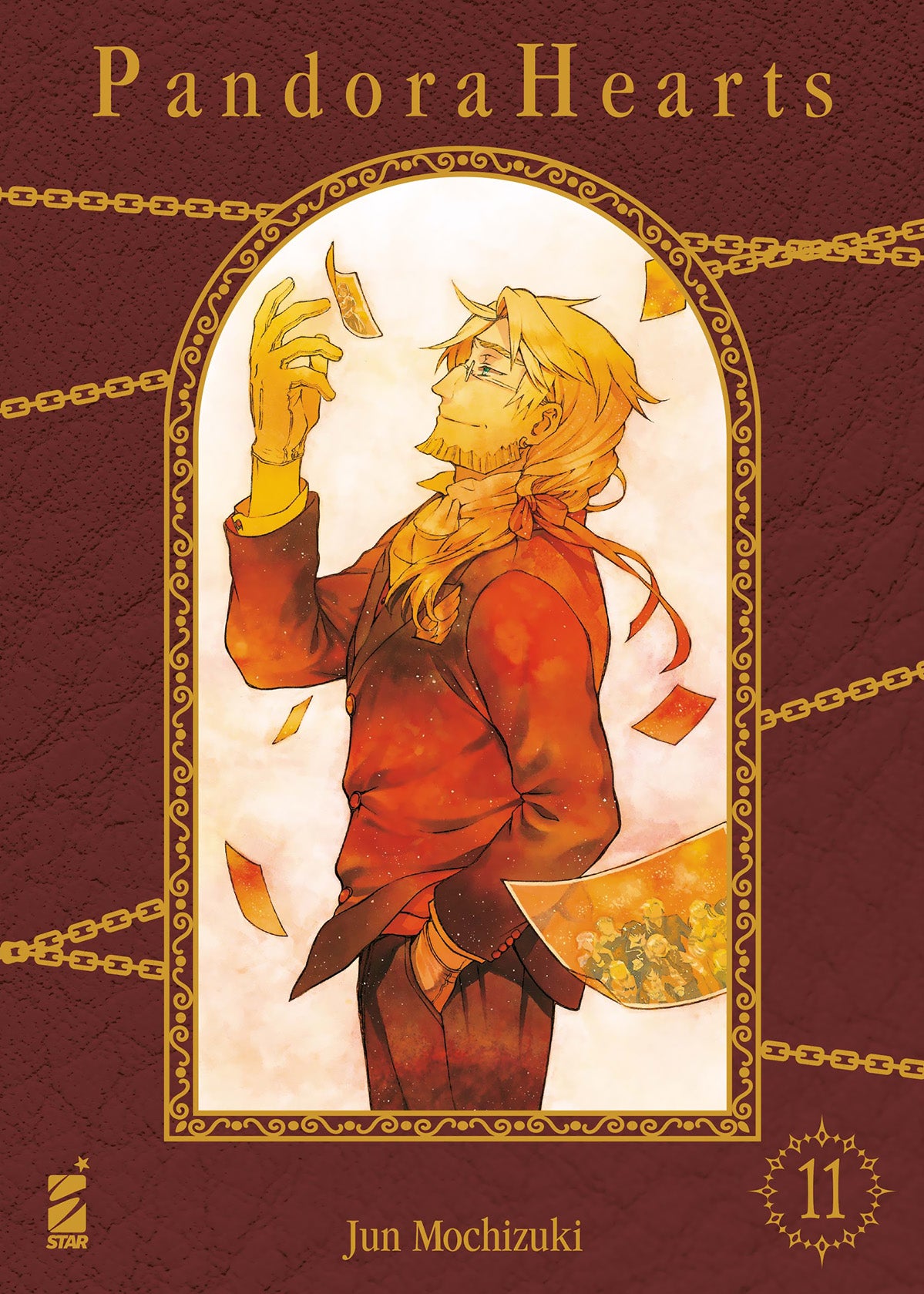 Copertina del manga Pandora Hearts volume 11 edito da Star Comics; l'illustrazione in stile gotico di Jun Mochizuki ritrae uno dei personaggi della serie (spesso Gilbert o Oz in questo arco narrativo).