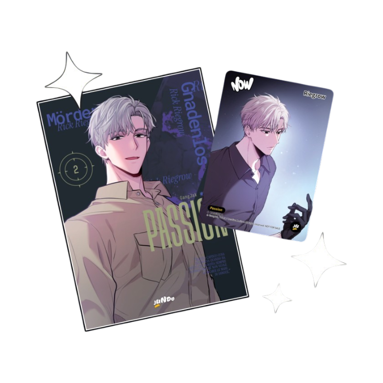 Promozione del secondo volume in italiano del manhwa BL 'Passion', edito da Jundo. L'immagine mostra su sfondo viola la copertina del volume raffigurante il personaggio di Rick Riegrow in camicia chiara affiancata dalla Jundo Card da collezione in omaggio con lo stesso personaggio.
