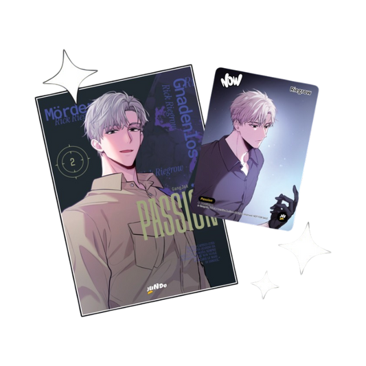Promozione del secondo volume in italiano del manhwa BL 'Passion', edito da Jundo. L'immagine mostra su sfondo viola la copertina del volume raffigurante il personaggio di Rick Riegrow in camicia chiara affiancata dalla Jundo Card da collezione in omaggio con lo stesso personaggio.