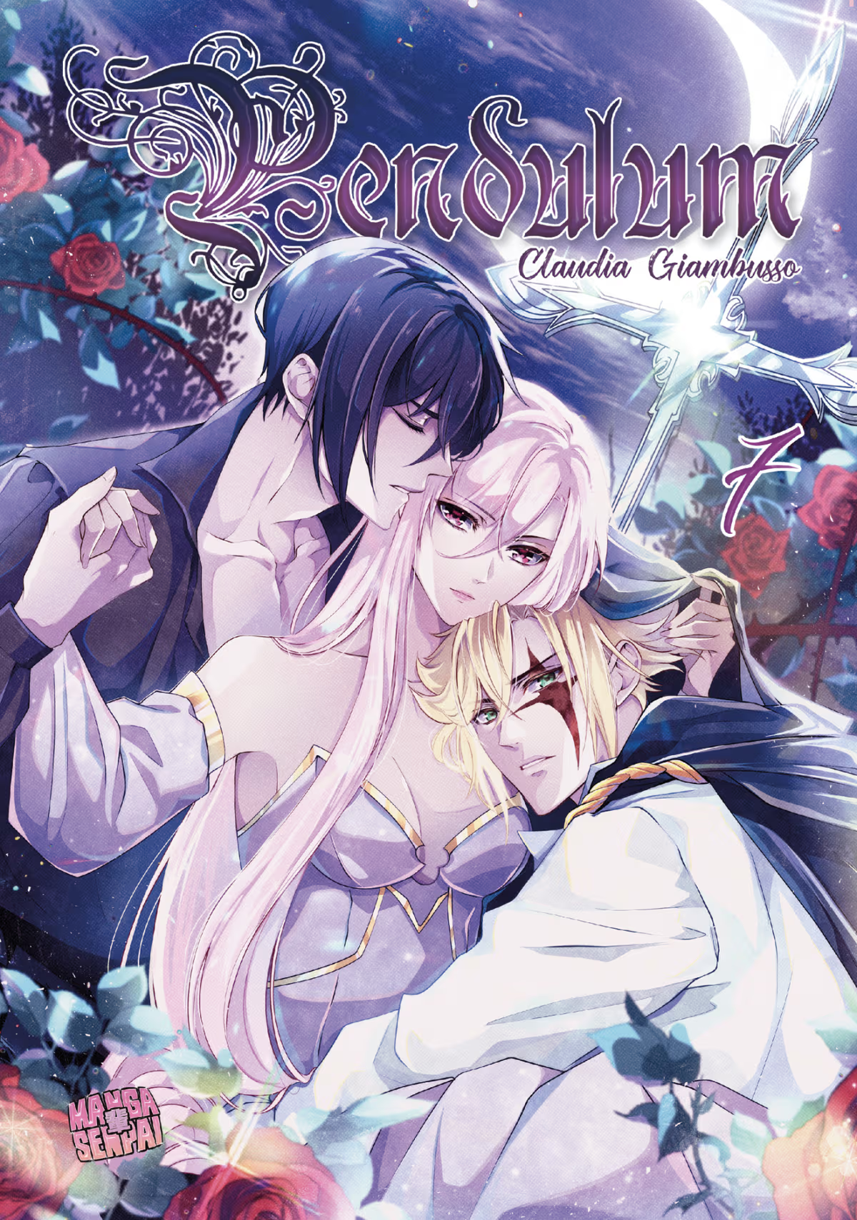 Copertina del settimo volume del manga Pendulum. Al centro dell'illustrazione, una ragazza dai lunghi capelli bianco-rosa è circondata da due figure maschili: alle sue spalle un uomo con i capelli scuri le si avvicina, mentre in primo piano un ragazzo biondo con un segno rosso sul volto poggia la testa su di lei. Lo sfondo notturno è decorato da rose rosse, una luna crescente e una grande croce metallica e luminosa.