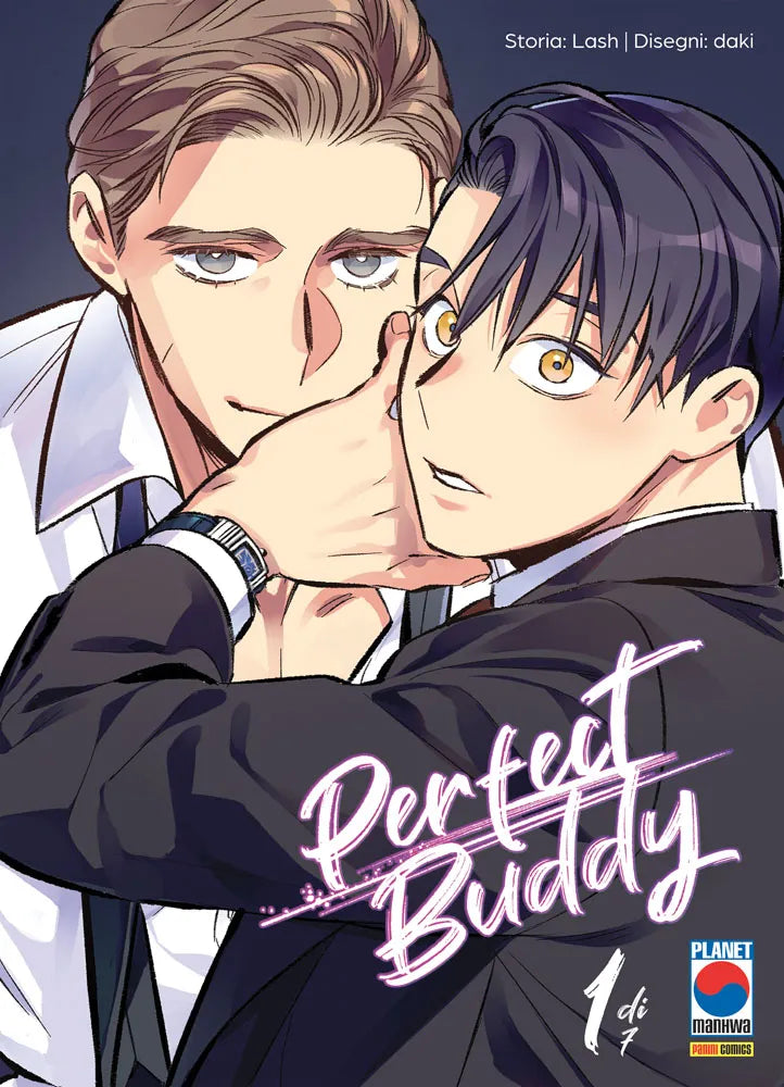 Copertina del manhwa Perfect Buddy volume 1. Un affascinante uomo biondo sorride sornione sorreggendo il mento di un giovane collega dai capelli scuri in giacca e cravatta, che lo guarda sorpreso.