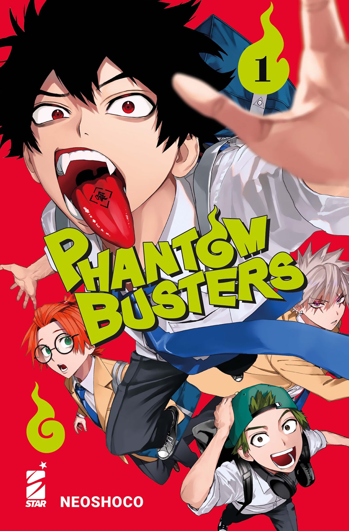 Copertina di Phantom Busters Vol. 1 di Neoshoco edito da Star Comics con Mogari Shishikuno in primo piano e gli altri studenti su sfondo rosso.   