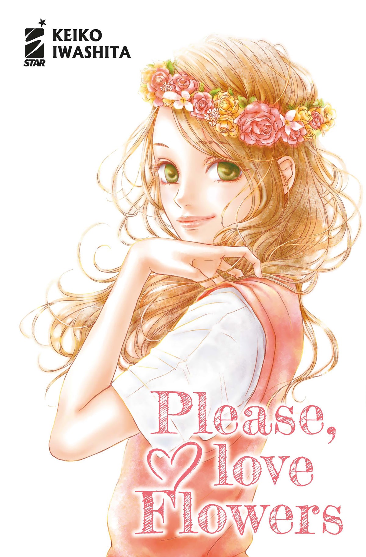 Copertina del manga "Please, Love Flowers" (Star Comics). Una ragazza con lunghi capelli castano chiaro e una corona di fiori colorati in testa sorride guardando verso l'osservatore.