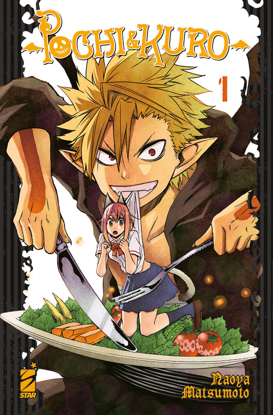 Copertina del manga Pochi & Kuro 1. Il demone Kuro con posate giganti sovrasta la piccola umana Pochi servita su un piatto d'insalata.