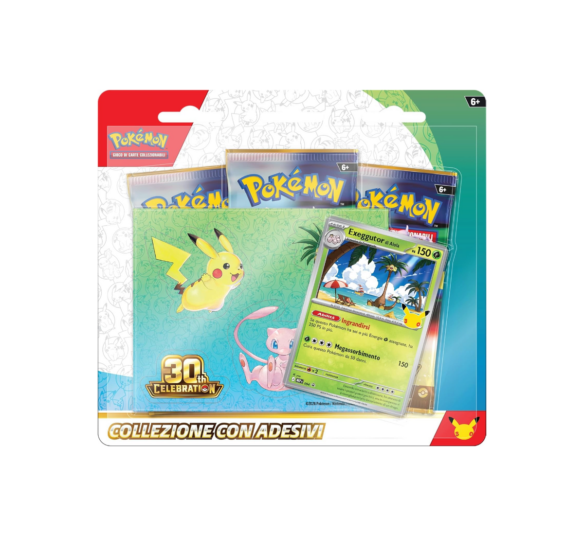 Confezione della Collezione con Adesivi del 30° Anniversario del GCC Pokémon con carta promozionale di Exeggutor di Alola e buste di espansione. 