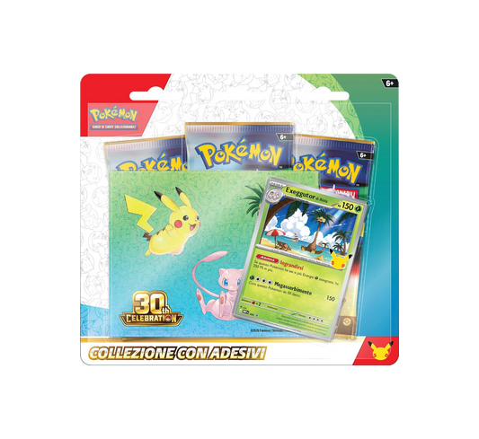 Confezione della Collezione con Adesivi del 30° Anniversario del GCC Pokémon con carta promozionale di Exeggutor di Alola e buste di espansione. 