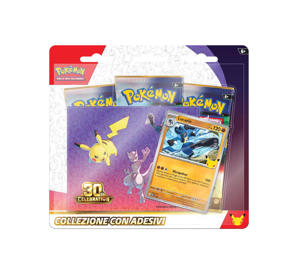 Confezione della Collezione con Adesivi del 30° Anniversario del GCC Pokémon con carta promozionale olografica di Lucario e buste di espansione.   