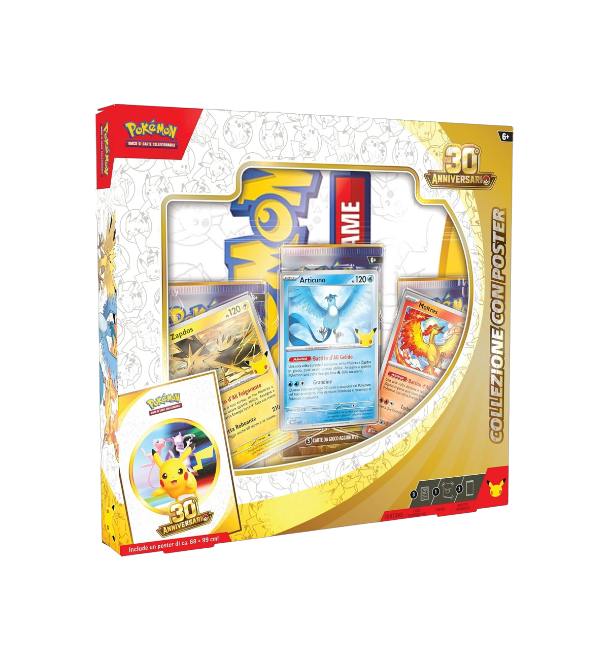 Collezione con Poster Pokémon 30° Anniversario con carte promozionali di Articuno, Zapdos e Moltres.