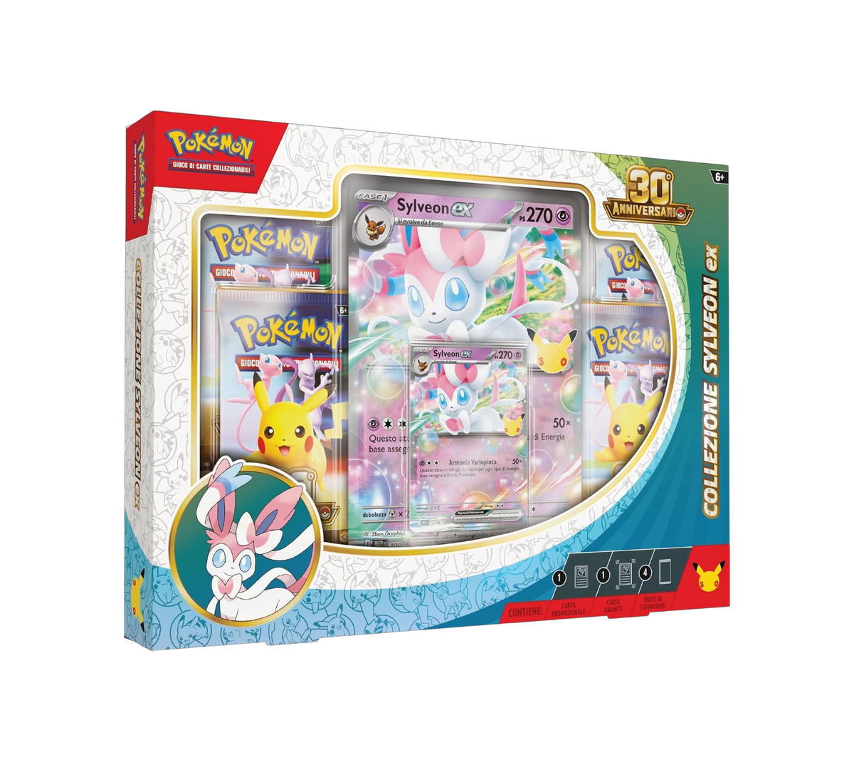 Collezione Sylveon-ex Pokémon 30° Anniversario con carta promozionale olografica, versione jumbo e 4 bustine di espansione.