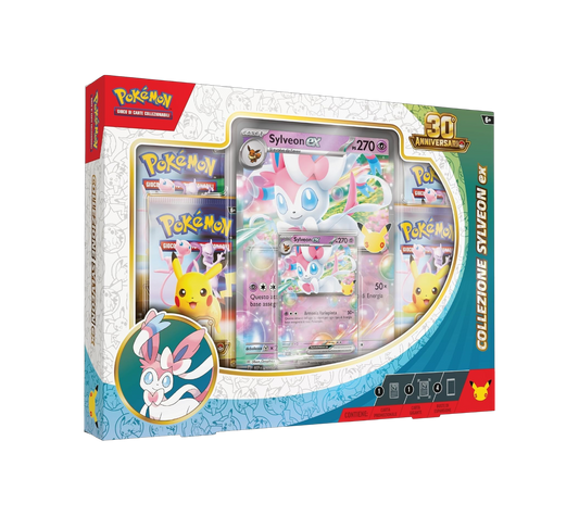 Collezione Sylveon-ex Pokémon 30° Anniversario con carta promozionale olografica, versione jumbo e 4 bustine di espansione.