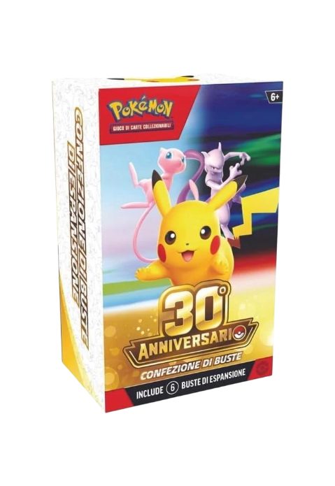 Confezione di buste Pokémon 30° Anniversario in italiano con illustrazioni di Pikachu, Mew e Mewtwo.   