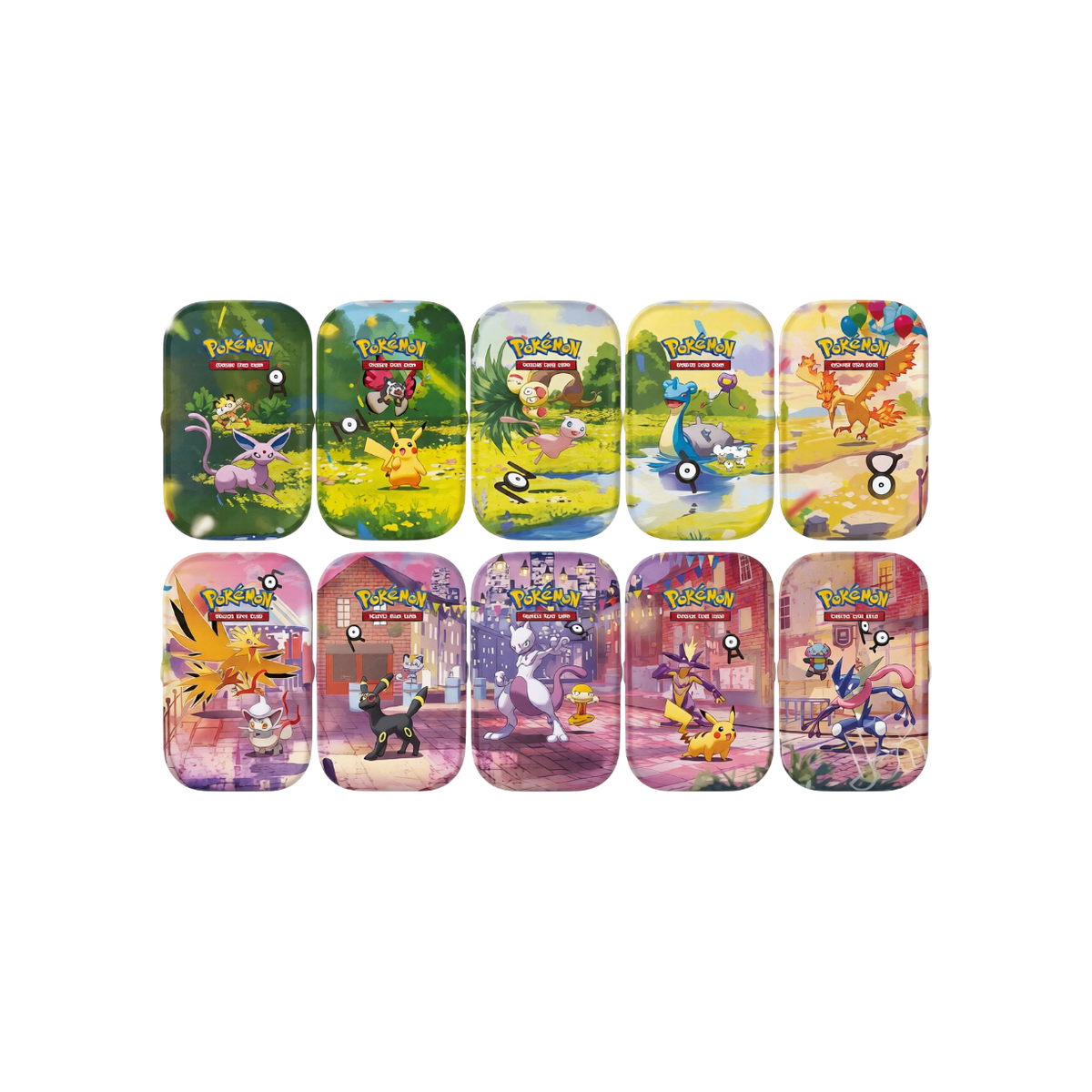 Set completo di 10 Mini Tin Pokémon 30° Anniversario in italiano con illustrazioni di Pikachu, Mewtwo, Umbreon, Greninja e Unown.   