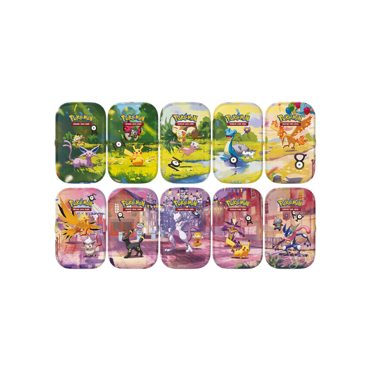 Set completo di 10 Mini Tin Pokémon 30° Anniversario in italiano con illustrazioni di Pikachu, Mewtwo, Umbreon, Greninja e Unown.   
