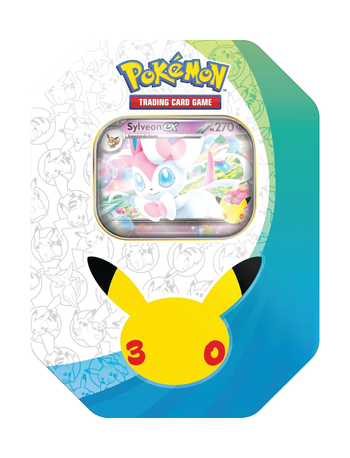 Scatola da collezione in metallo Pokémon 30° Anniversario con la carta promozionale olografica di Sylveon-ex e il logo celebrativo di Pikachu.