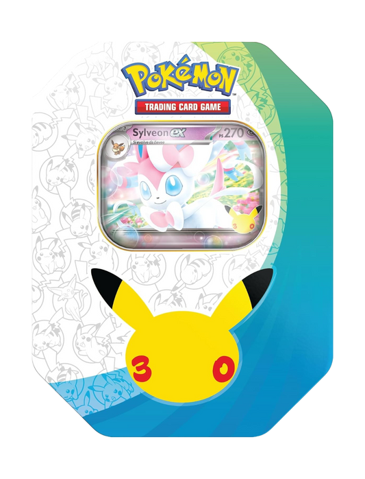 Scatola da collezione in metallo Pokémon 30° Anniversario con la carta promozionale olografica di Sylveon-ex e il logo celebrativo di Pikachu.