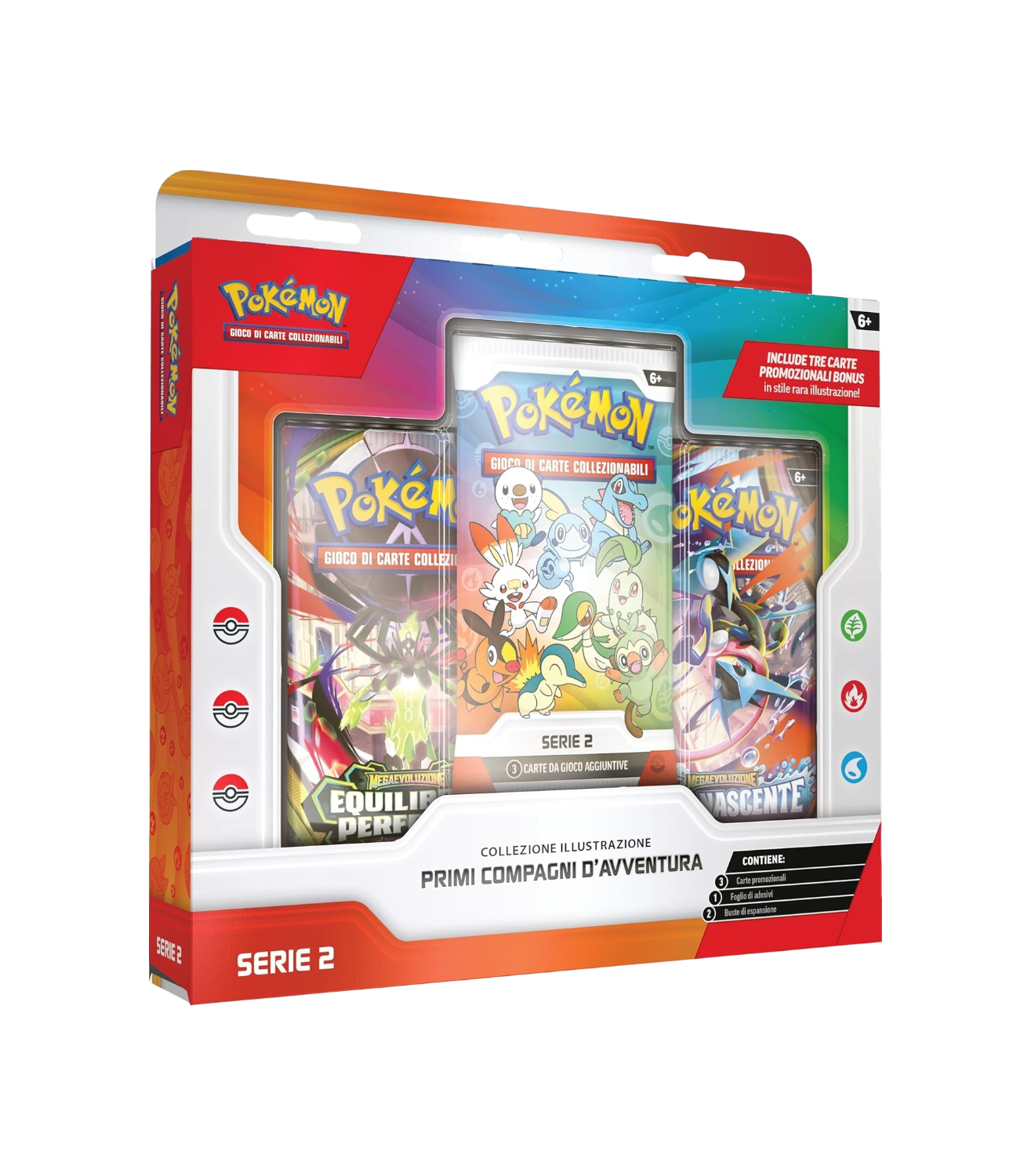 Confezione frontale del box da collezione Pokémon Collezione Illustrazione Primi Compagni d'Avventura Serie 2, caratterizzata da una finestra trasparente che mostra tre bustine d'espansione del gioco di carte, tra cui quella centrale bianca con i disegni degli starter.