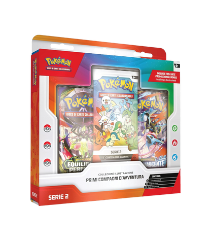 Confezione frontale del box da collezione Pokémon Collezione Illustrazione Primi Compagni d'Avventura Serie 2, caratterizzata da una finestra trasparente che mostra tre bustine d'espansione del gioco di carte, tra cui quella centrale bianca con i disegni degli starter.