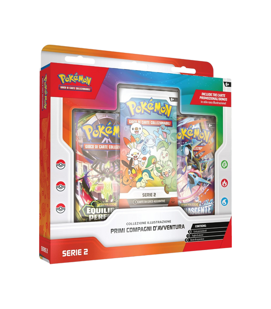 Confezione frontale del box da collezione Pokémon Collezione Illustrazione Primi Compagni d'Avventura Serie 2, caratterizzata da una finestra trasparente che mostra tre bustine d'espansione del gioco di carte, tra cui quella centrale bianca con i disegni degli starter.