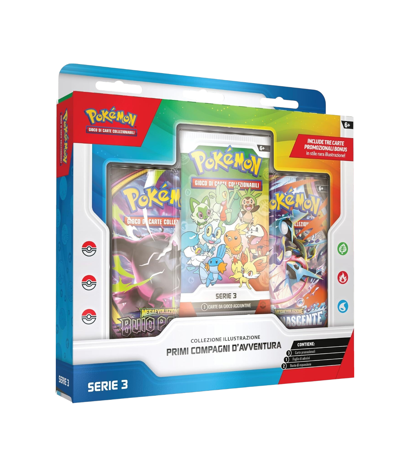 Confezione in italiano della Collezione Illustrazione Primi Compagni d'Avventura Serie 3 del Gioco di Carte Collezionabili Pokémon. La scatola espositiva mostra al centro una busta promozionale Serie 3 decorata con i Pokémon iniziali tra cui Sprigatito, Quaxly, Fuecoco, Mudkip e Torchic, affiancata da due buste di espansione e dai dettagli sui contenuti inclusi.