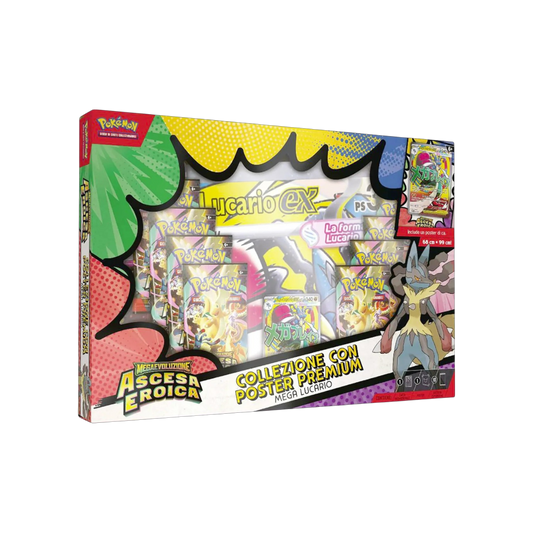 Box della Collezione Poster Premium Mega Lucario del GCC Pokémon. La confezione mostra l'artwork di Mega Lucario, la carta promozionale e le bustine dell'espansione Ascesa Eroica.