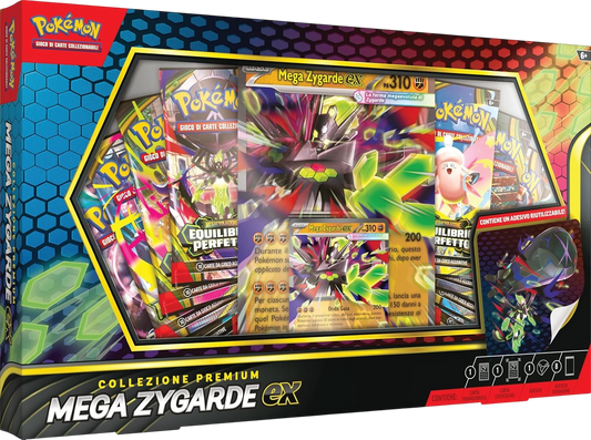 Box Pokémon Collezione Premium Mega Zygarde-EX. Contiene una carta gigante lenticolare, una promo olografica, un adesivo e buste d'espansione.