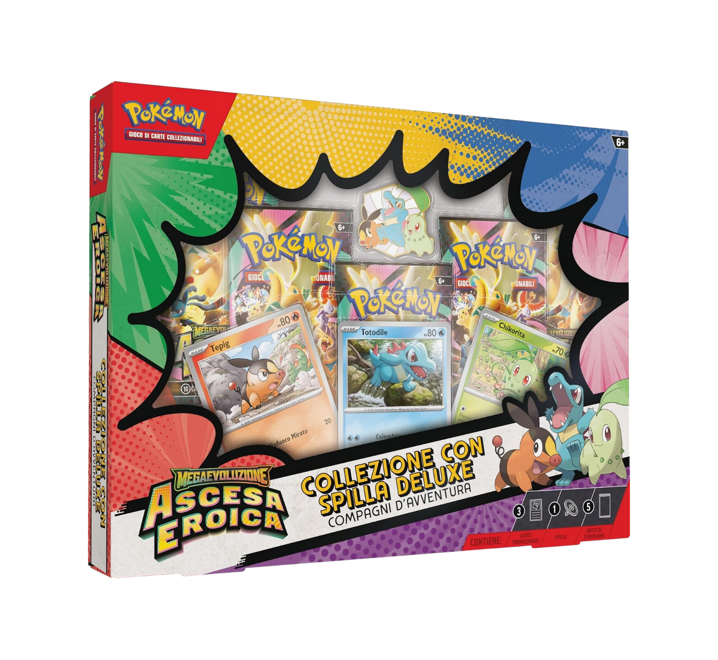 Confezione del box da collezione del GCC Pokémon "Collezione con Spilla Deluxe Compagni d'Avventura" dell'espansione Megaevoluzione: Ascesa Eroica, caratterizzata da una finestra a forma di fumetto che mostra le carte olografiche di Tepig, Totodile e Chikorita, la spilla abbinata e i pacchetti d'espansione.