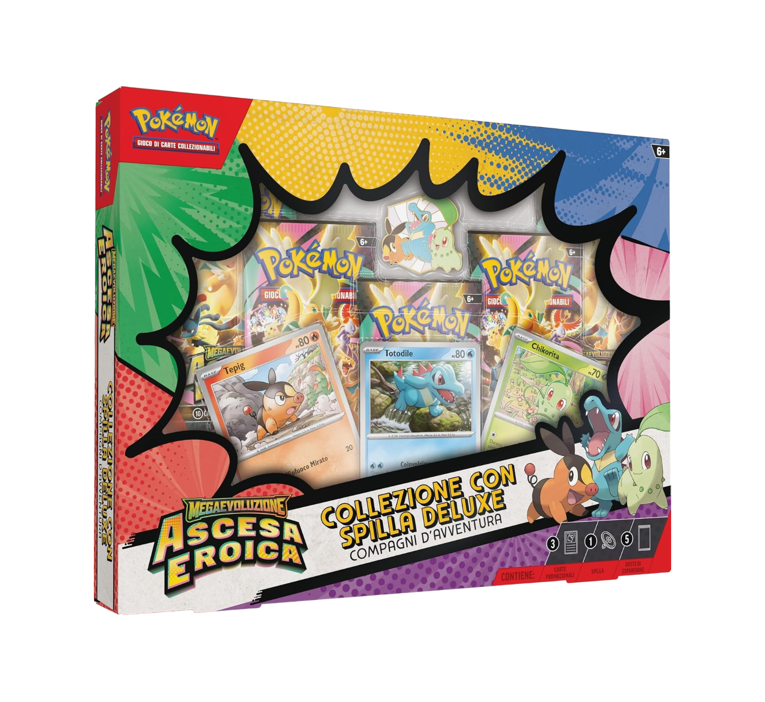 Confezione del box da collezione del GCC Pokémon "Collezione con Spilla Deluxe Compagni d'Avventura" dell'espansione Megaevoluzione: Ascesa Eroica, caratterizzata da una finestra a forma di fumetto che mostra le carte olografiche di Tepig, Totodile e Chikorita, la spilla abbinata e i pacchetti d'espansione.