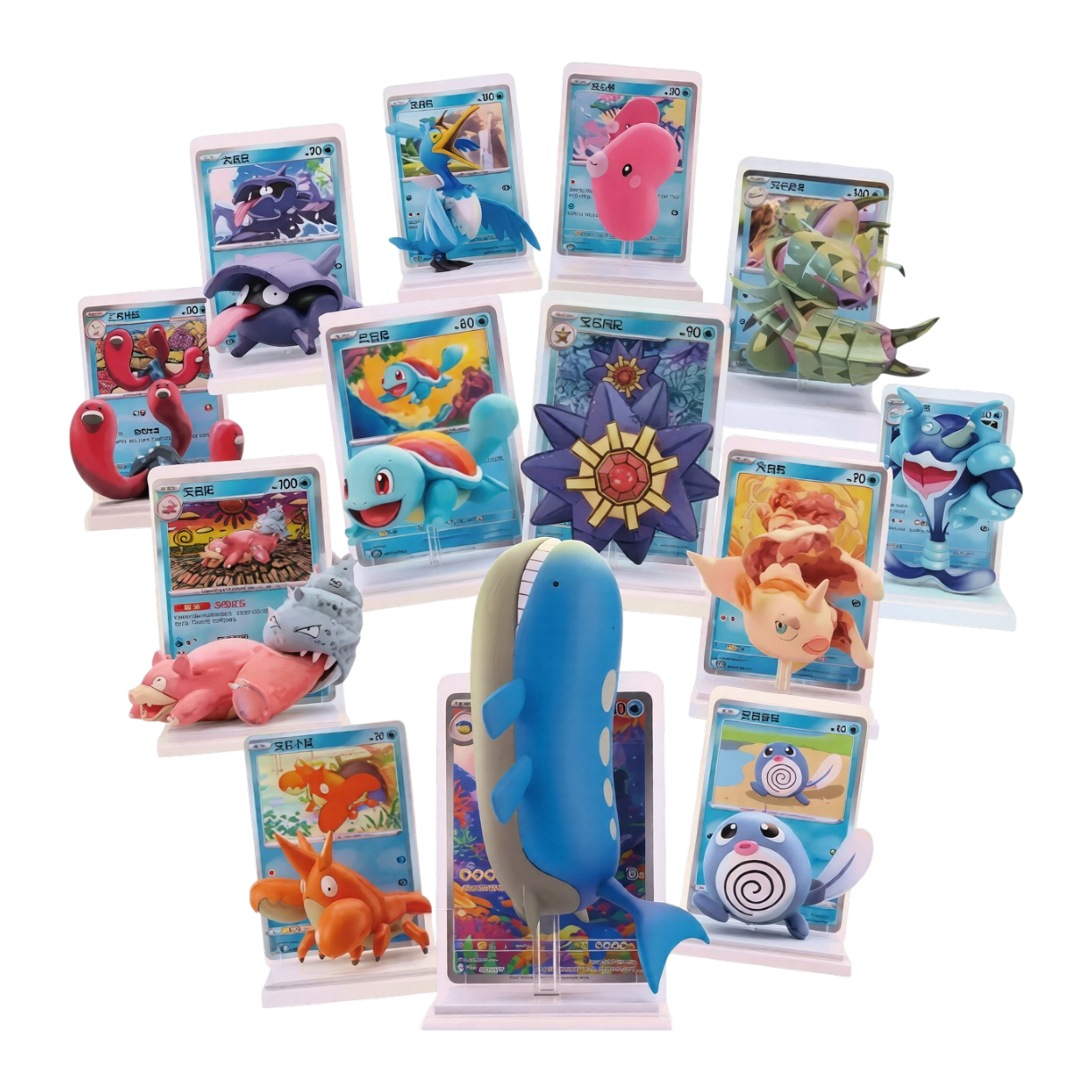 Panoramica dell'intera serie di blind box da collezione Pokémon Dreaming Painting Water Vol. 2. La foto su sfondo nero mostra diverse figure 3D di Pokémon di tipo Acqua (tra cui Wailord in primo piano, Squirtle, Starmie, Slowbro, Poliwag, Corphish e altri) posizionate davanti alle rispettive carte trasparenti con supporto verticale.