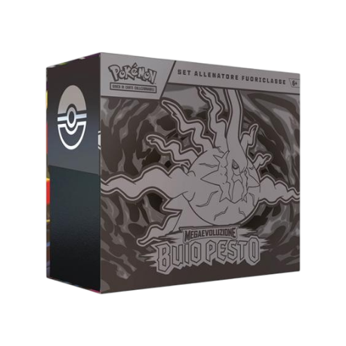 Cofanetto da collezione del Set Allenatore Fuoriclasse per l'espansione del GCC Pokémon 'Megaevoluzione - Buio Pesto' in lingua italiana, con design grigio e nero e la silhouette stilizzata di Pecharunt sulla parte frontale.