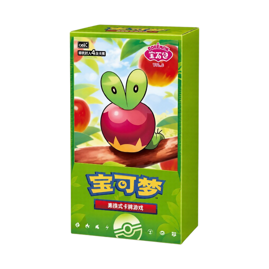 Booster Box verde di Pokémon Gem Pack Vol. 6 in cinese semplificato raffigurante Applin su sfondo ricoperto di mele.