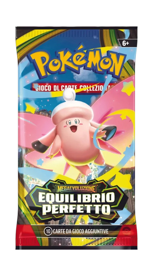 Confezione sigillata di una bustina d'espansione del Gioco di Carte Collezionabili Pokémon della serie Megaevoluzione - Equilibrio Perfetto, raffigurante in primo piano il Pokémon Mega Audino sorridente circondato da dettagli rosa e gialli fluttuanti.
