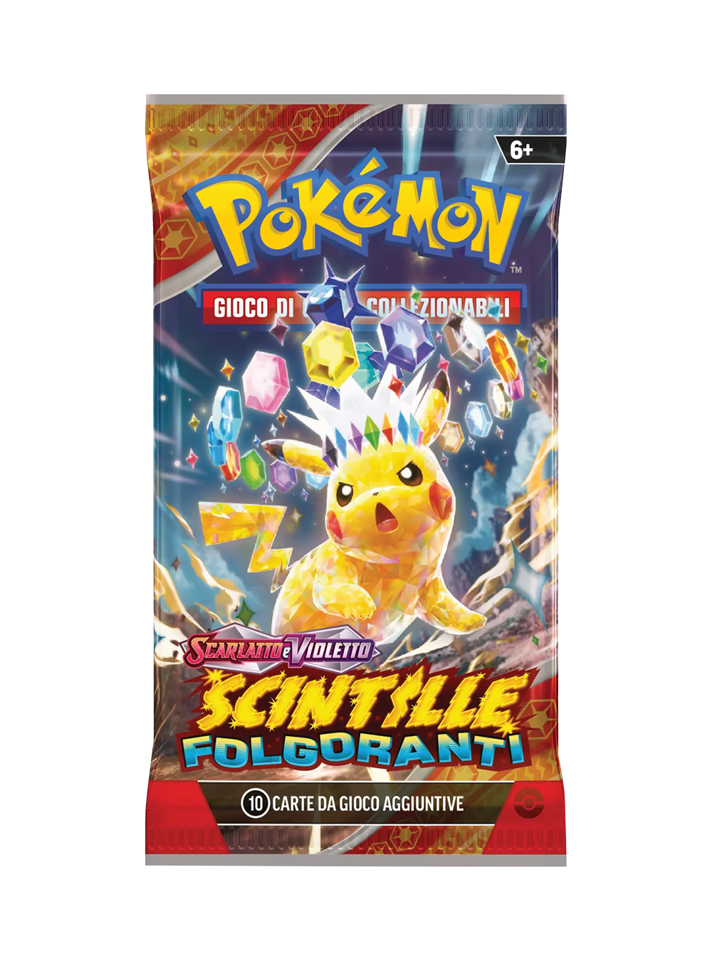 Confezione sigillata di una bustina d'espansione del Gioco di Carte Collezionabili Pokémon, serie Scarlatto e Violetto - Scintille Folgoranti, con l'illustrazione in primo piano di Pikachu in versione Teracristal Astrale avvolto da gemme multicolore.