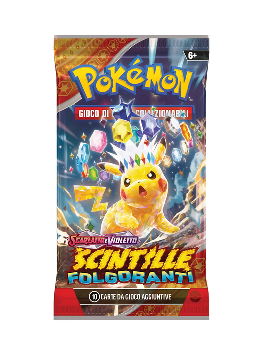 Confezione sigillata di una bustina d'espansione del Gioco di Carte Collezionabili Pokémon, serie Scarlatto e Violetto - Scintille Folgoranti, con l'illustrazione in primo piano di Pikachu in versione Teracristal Astrale avvolto da gemme multicolore.